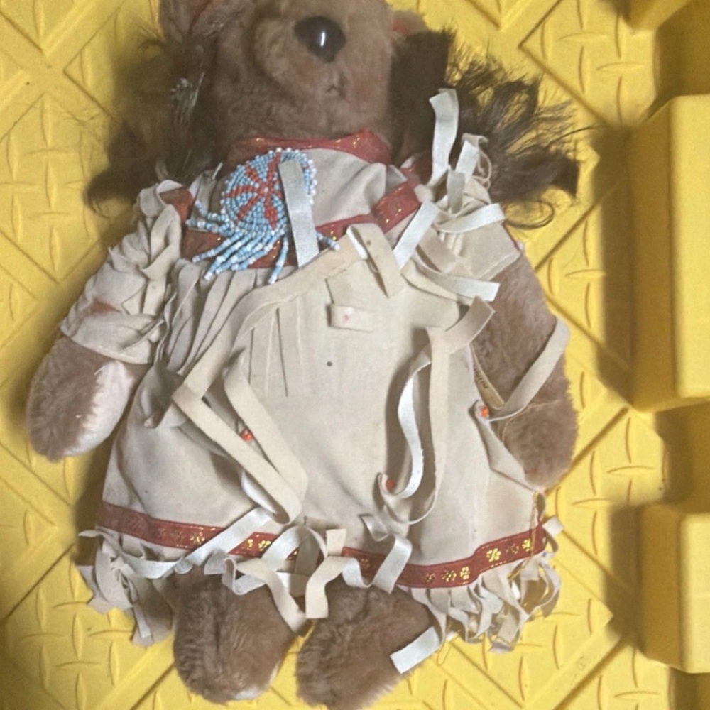 Brown Plush Native American Bear with Decorative Outfit, Clothing and Headgear